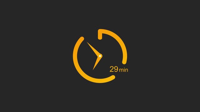 29 Minute Countdown Timer Animation. Stopwatch Clock icon with 29 minute Time Management on Black Background. Alpha Channel.