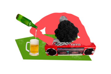 Creative collage picture young man fall asleep unconscious alcoholic drink drunk beer bottle glass bar pub party boombox friday celebration