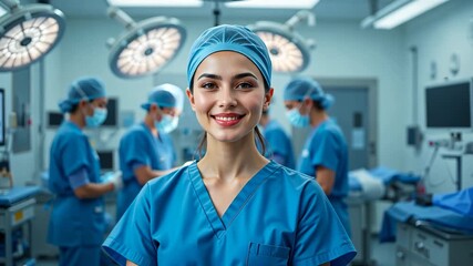 Smiling young caucasian female surgeon in blue scrubs standing under bright operating room lights with team behind her. Concept of healthcare and professionalism - Powered by Adobe