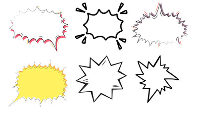 A collection of six hand-drawn, spiky speech bubbles and explosion bursts for comics and graphic design.