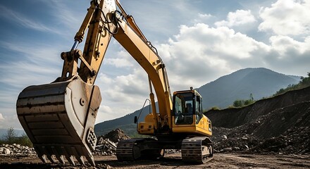 Yellow Excavator at a Construction Site With Mountain Backdrop on a Sunny Day