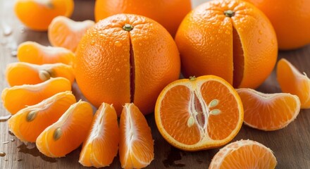 Fresh vibrant citrus fruits including whole segmented and halves with water droplets on a wooden surface