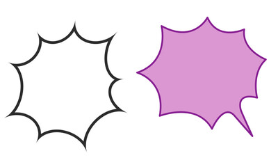 Two comic-style jagged speech bubbles, one white with a black outline and one purple with a tail, on a white background.