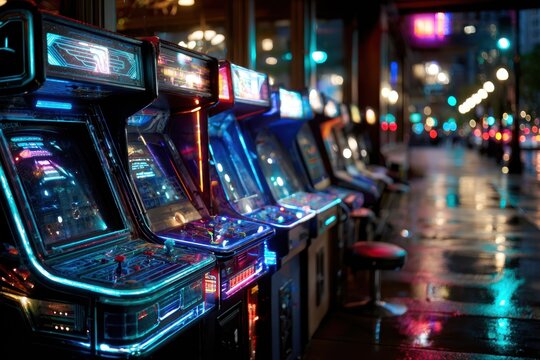 Neon Lit Arcade Games on a Rainy City Street at Night