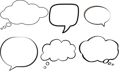 Six speech bubbles in different shapes and sizes, all outlined in black.