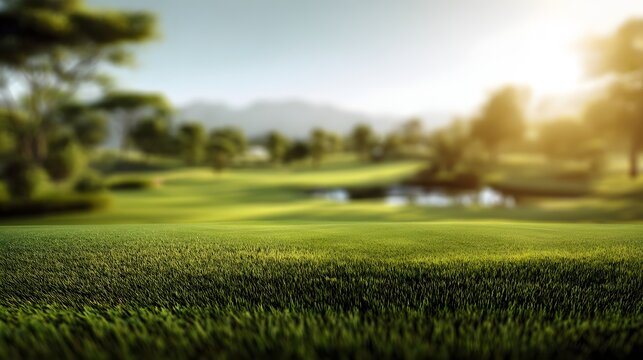 Golf background with blurred fairway and sunlit course realistic style