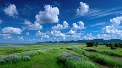 Fototapeta premium Bright Blue Summer Sky with Fluffy White Clouds over Green Meadow Landscape Panoramic View