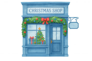 Christmas shop facade with festive holiday decorations, window display featuring tree, presents, and garland