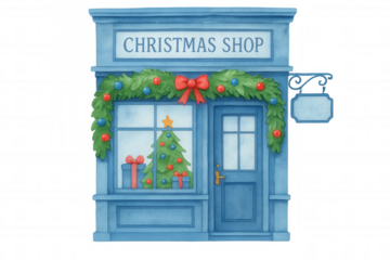 Christmas shop facade with festive holiday decorations, window display featuring tree, presents, and garland