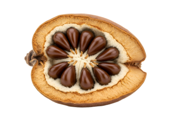 Close-up of a fruit pod revealing a cluster of dark brown seeds arranged in a symmetrical pattern against a backdrop of light brown pulp.
