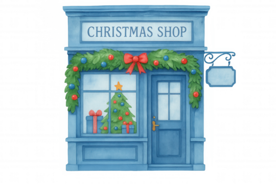 Christmas shop facade with festive holiday decorations, window display featuring tree, presents, and garland