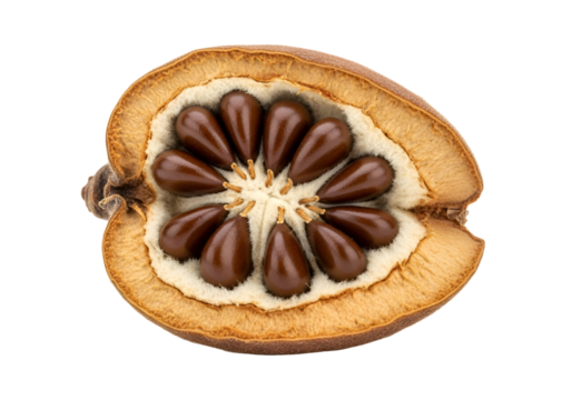 Close-up of a fruit pod revealing a cluster of dark brown seeds arranged in a symmetrical pattern against a backdrop of light brown pulp.