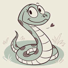 Adorable cartoon snake with big eyes and a friendly smile sitting in the grass