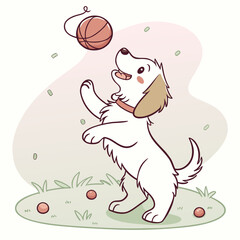 Cute cartoon dog happily playing with a ball on the grass outdoors with a playful expression