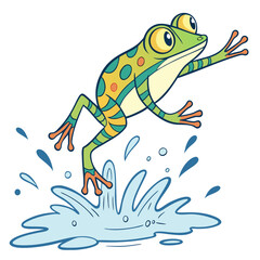 Cute cartoon green frog with yellow spots jumping into water with splashes and bubbles