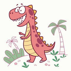 Cute cartoon pink dinosaur with big eyes and a happy smile standing in a prehistoric landscape with palm trees