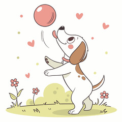 Cute cartoon puppy happily playing with a pink ball in a grassy field with flowers and hearts
