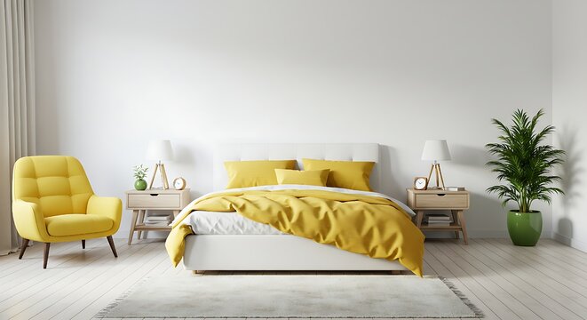 Simple and elegant bedroom decor with a pop of cheerful yellow against a white backdrop