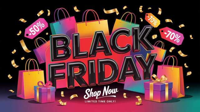 Festive Black Friday marketing illustration for shops, digital marketers, social media managers, eye-catching discount banner for seasonal sales and holiday promotions