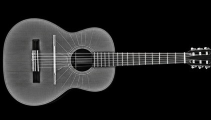 Obraz premium X-ray of a classical acoustic guitar. reveals the intricate internal bracing, the hollow body, and the sound hole. timeless black-and-white style, conveying a sense of music
