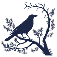 Silhouette of a dark blue crow perched on a bare tree branch against a white background