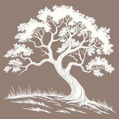 Elegant white silhouette of a majestic gnarled tree with lush foliage on a muted brown background © shahin9