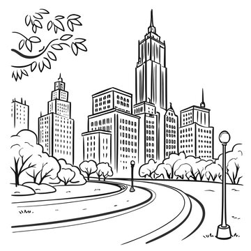 Sketch of a new york city skyline with empire state building and park landscape