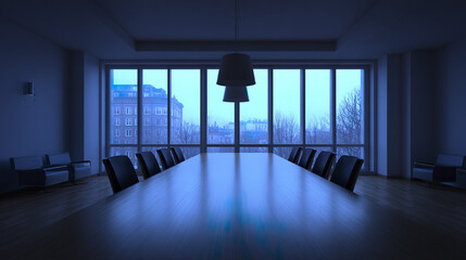 Empty meeting room with long wooden table and black chairs near large windows showing cityscape and bare trees in early morning light