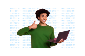 Composite photo collage of happy american guy show like reaction hold laptop code matrix it master job isolated on painted background