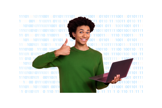 Composite photo collage of happy american guy show like reaction hold laptop code matrix it master job isolated on painted background