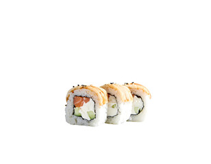 Three seared sushi rolls, filled with salmon, cream cheese, and cucumber, arranged on a dark background