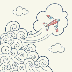 Whimsical cartoon airplane soaring through stylized clouds and swirling wind patterns on a light background