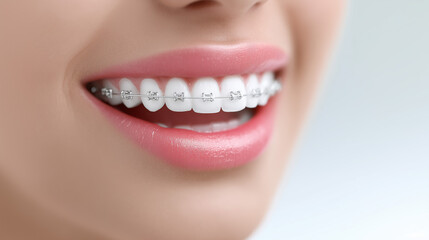 歯科矯正中の矯正器具のついた口