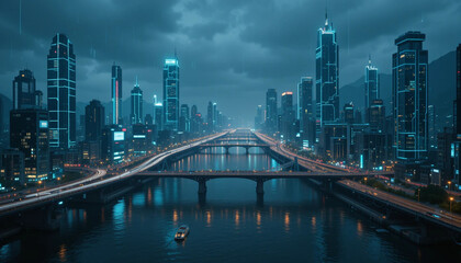 Naklejka premium Futuristic cityscape with illuminated skyscrapers and bridges over a river
