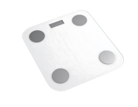 Sleek white square smart scale with four circular sensors and a small digital display, angled slightly (1)