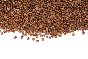 Freshly roasted coffee beans isolated on white background. coffee texture close-up, top view.