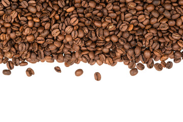 Freshly roasted coffee beans isolated on white background. coffee texture close-up, top view.