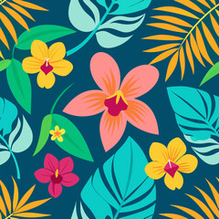 Obraz premium Seamless caribbean orchid and palm leaf floral pattern design