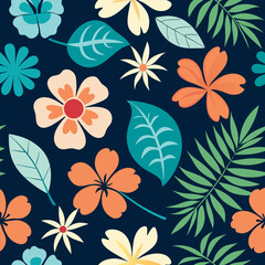 Vibrant seamless hawaiian floral pattern featuring hibiscus and tropical leaves