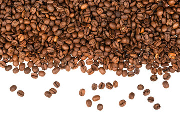 Freshly roasted coffee beans isolated on white background. coffee texture close-up, top view.
