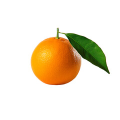  a realistic orange with a green leaf on a white background,  