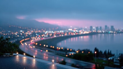 Blurred Cityscape at Night with Glowing Bokeh Lights and Dark Blue Sky Above a Winding Road by The Ocean