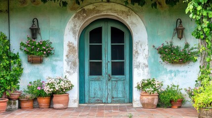 Romantic doorway in Italy decorated with blooming plants, terracotta lanterns, and stone arch