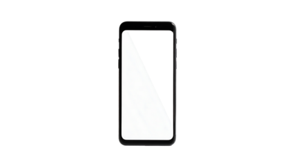 Black smartphone with blank white screen, isolated on a black background, showcasing its sleek design and modern aesthetics