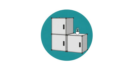 Obraz premium Modern minimalist storage cubes stacked neatly with a small potted plant creating an organized and stylish interior design element for contemporary spaces