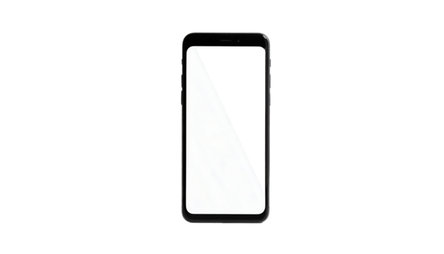 Black smartphone with blank white screen, isolated on a black background, showcasing its sleek design and modern aesthetics