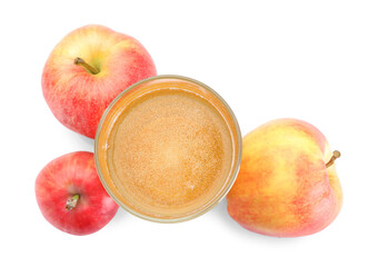 Tasty cider in glass and fresh apples isolated on white, top view