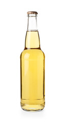 Delicious apple cider in glass bottle isolated on white