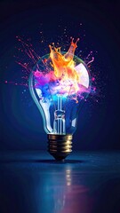 A lightbulb bursts with vibrant color