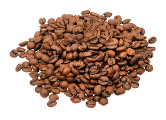 Freshly roasted coffee beans isolated on white background. coffee texture close-up, top view.